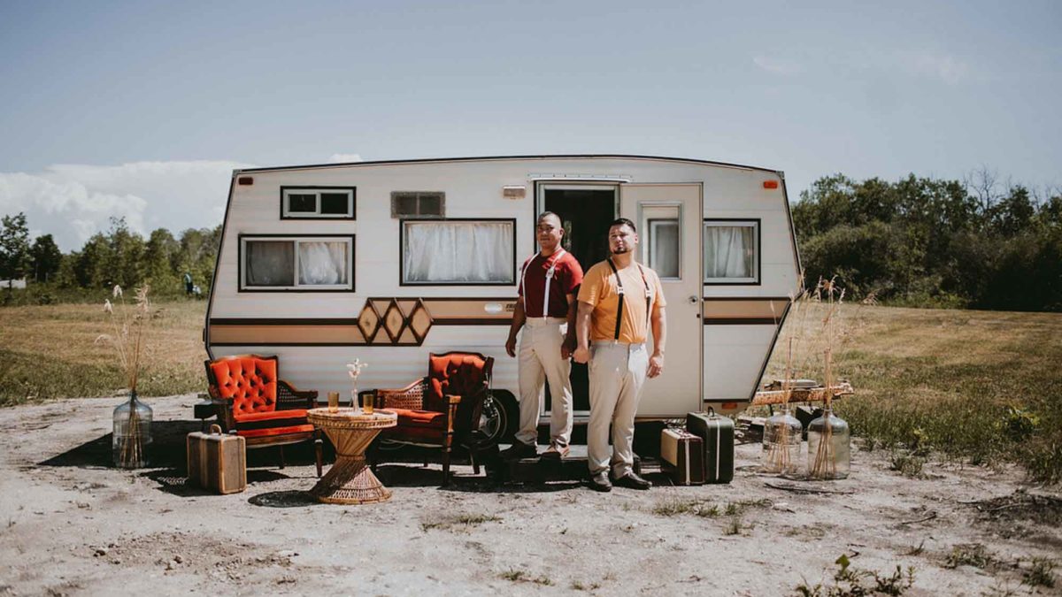 Seventies-themed glamping elopement inspiration in Manitoba, Canada