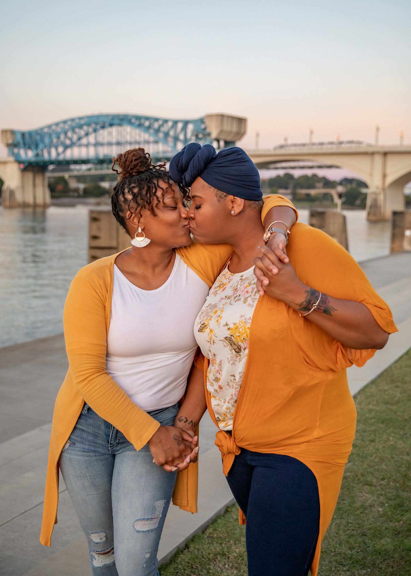 Laughter-filled sunset engagement session on the Tennessee River | Joshua & Inez Photography | Featured on Equally Wed, the leading LGBTQ+ wedding magazine