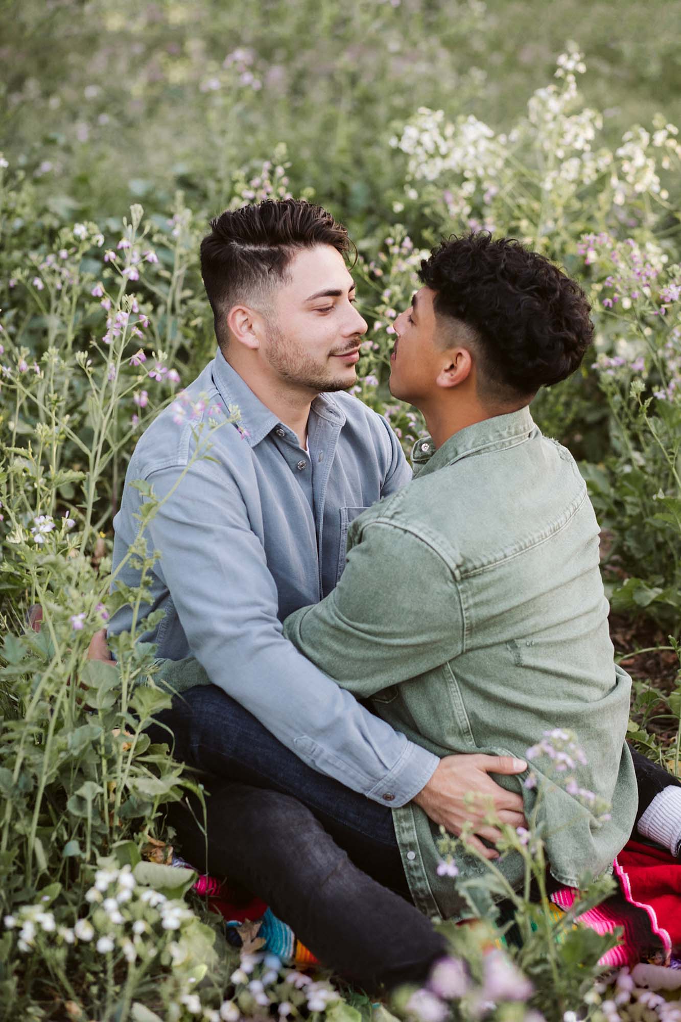 Romantic California engagement session with dogs, wildflowers, and eucalyptus trees | La Petite Photo | Featured on Equally Wed, the leading LGBTQ+ wedding magazine