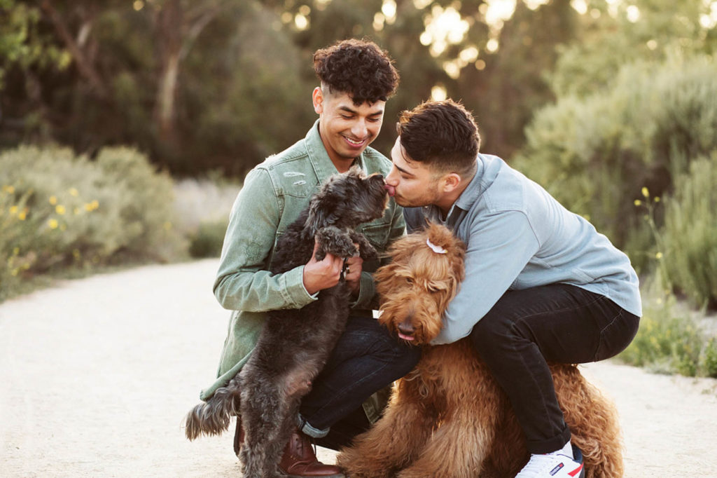 Romantic California engagement session with dogs, wildflowers, and eucalyptus trees | La Petite Photo | Featured on Equally Wed, the leading LGBTQ+ wedding magazine
