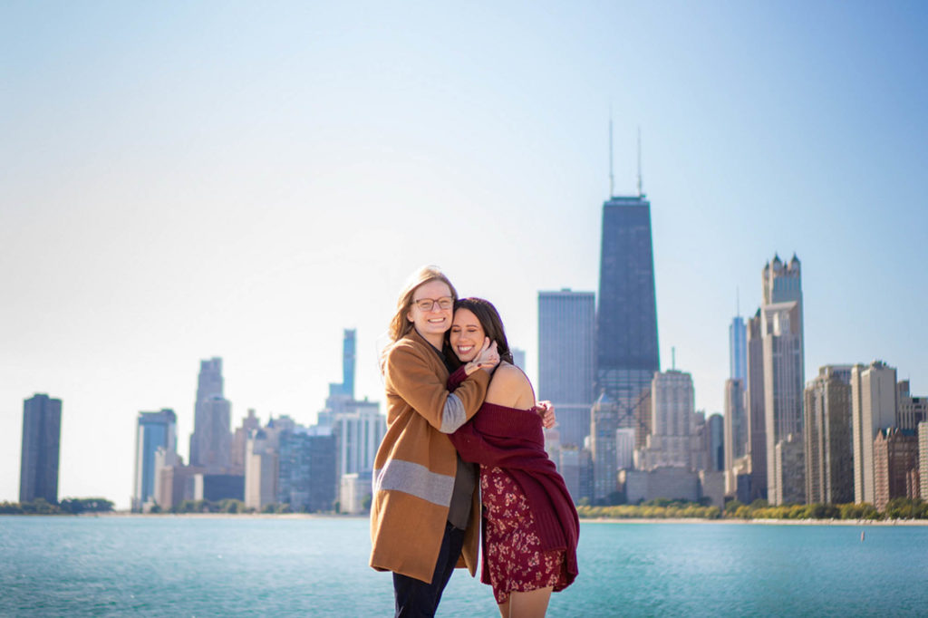 Sunny Chicago riverwalk fall engagement session | Maura Black Photography | Featured on Equally Wed, the leading LGBTQ+ wedding magazine
