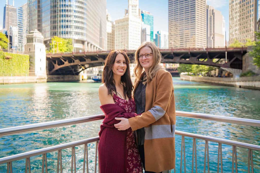 Sunny Chicago riverwalk fall engagement session | Maura Black Photography | Featured on Equally Wed, the leading LGBTQ+ wedding magazine
