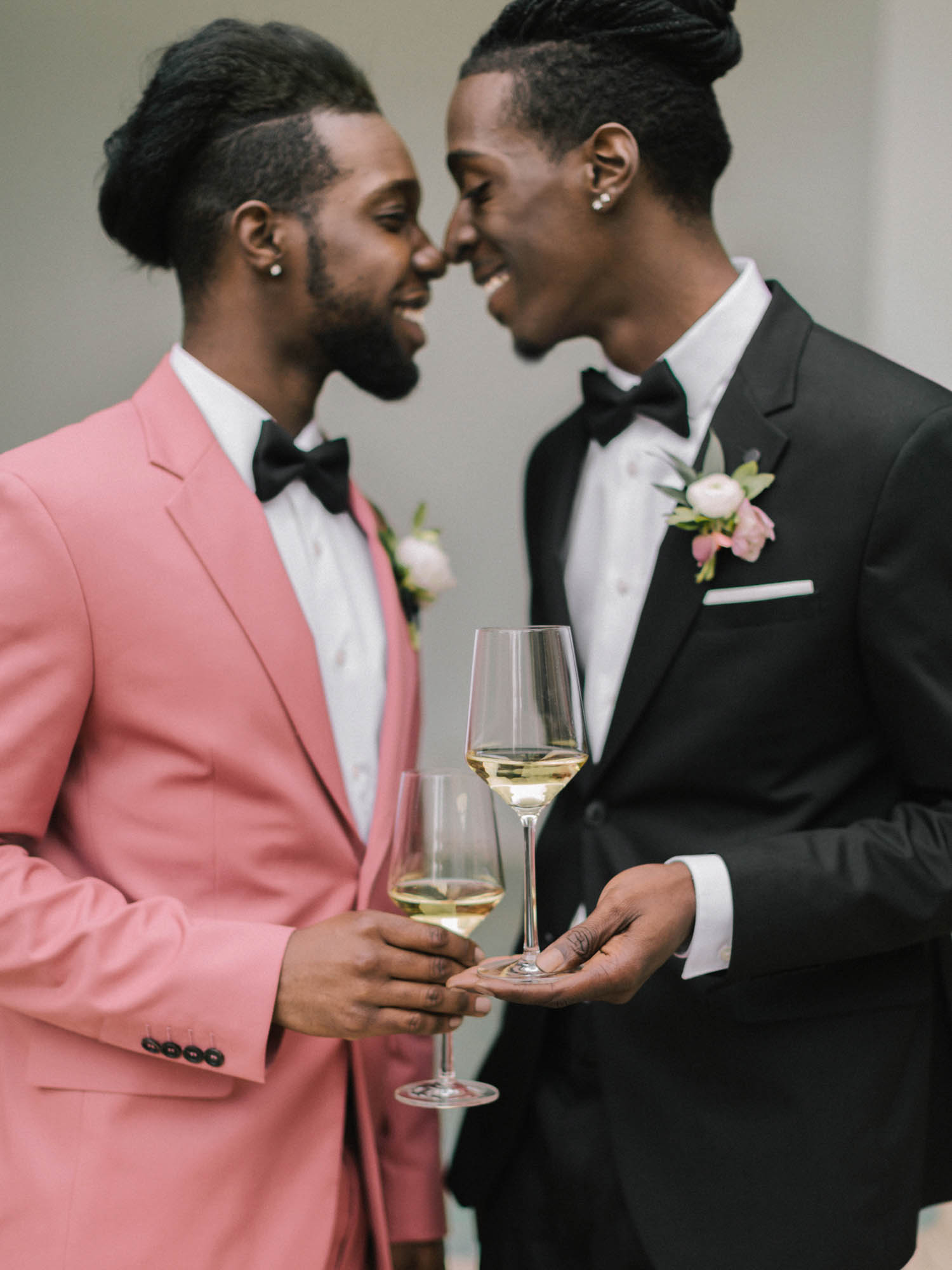 Romantic garden wedding inspiration with black and pink suits | Nadya Vysotskaya Photography | Featured on Equally Wed, the leading LGBTQ+ wedding magazine