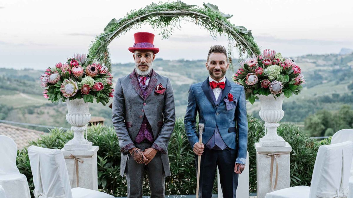 Vibrant and colorful Italian wedding surrounded by rolling hills