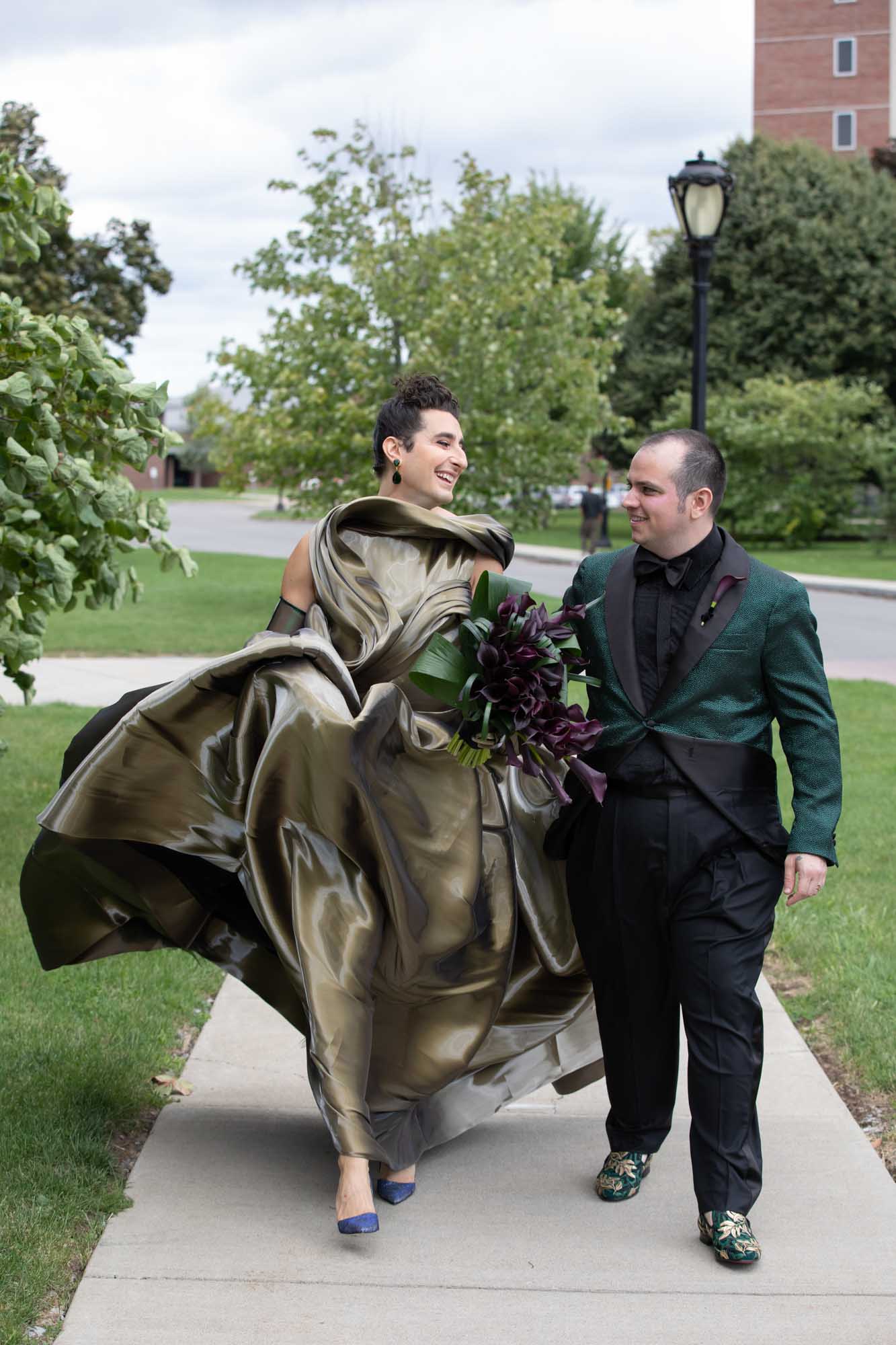 Glamorous Rupaul's Drag Race-inspired wedding with custom gold gown and emerald tuxedo | Agaton Strom | Featured on Equally Wed, the leading LGBTQ+ wedding magazine