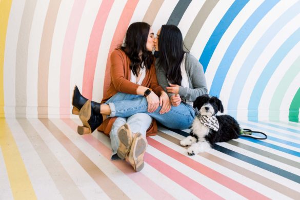 Just because plant shop photo session with rainbow wall celebrates love and a new puppy | Paige Brittany Photography | Featured on Equally Wed, the leading LGBTQ+ wedding magazine