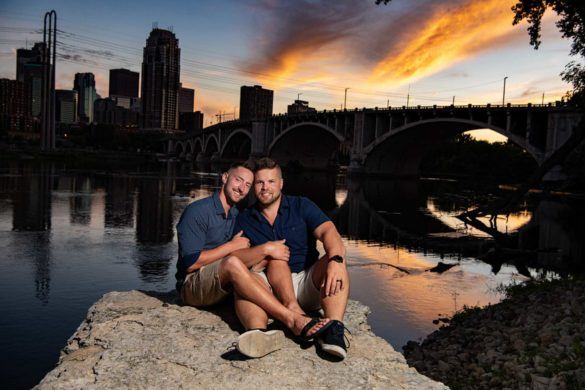 Sunset Minneapolis engagement session with adorable Corgi cameo | RKH Images | Featured on Equally Wed, the leading LGBTQ+ wedding magazine