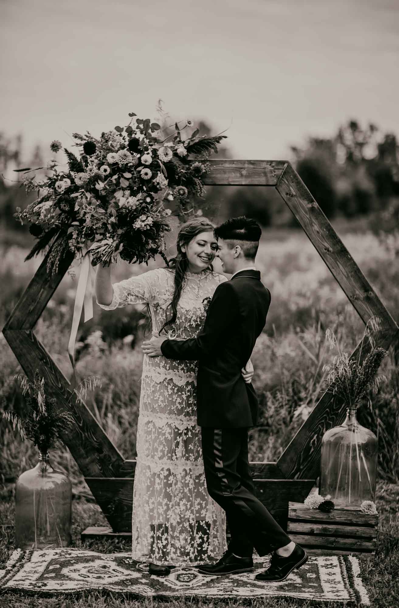 This dreamy styled shoot on an organic flower farm was designed to celebrate LGBTQ+ acceptance | Honey and Lux Photography | Featured on Equally Wed, the leading LGBTQ+ wedding magazine