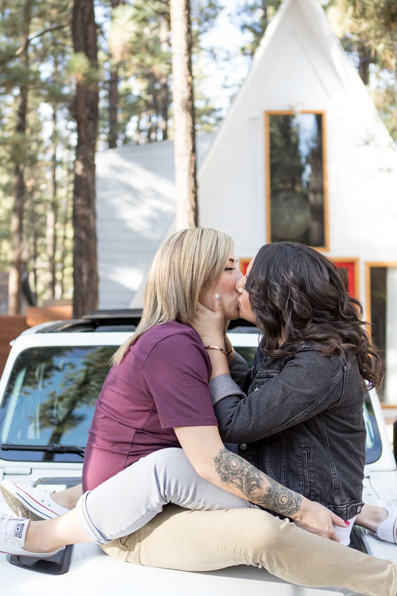 Big Bear Lake engagement session with outfit change and pup cameo | Kelly H Photography | Featured on Equally Wed, the leading LGBTQ+ wedding magazine