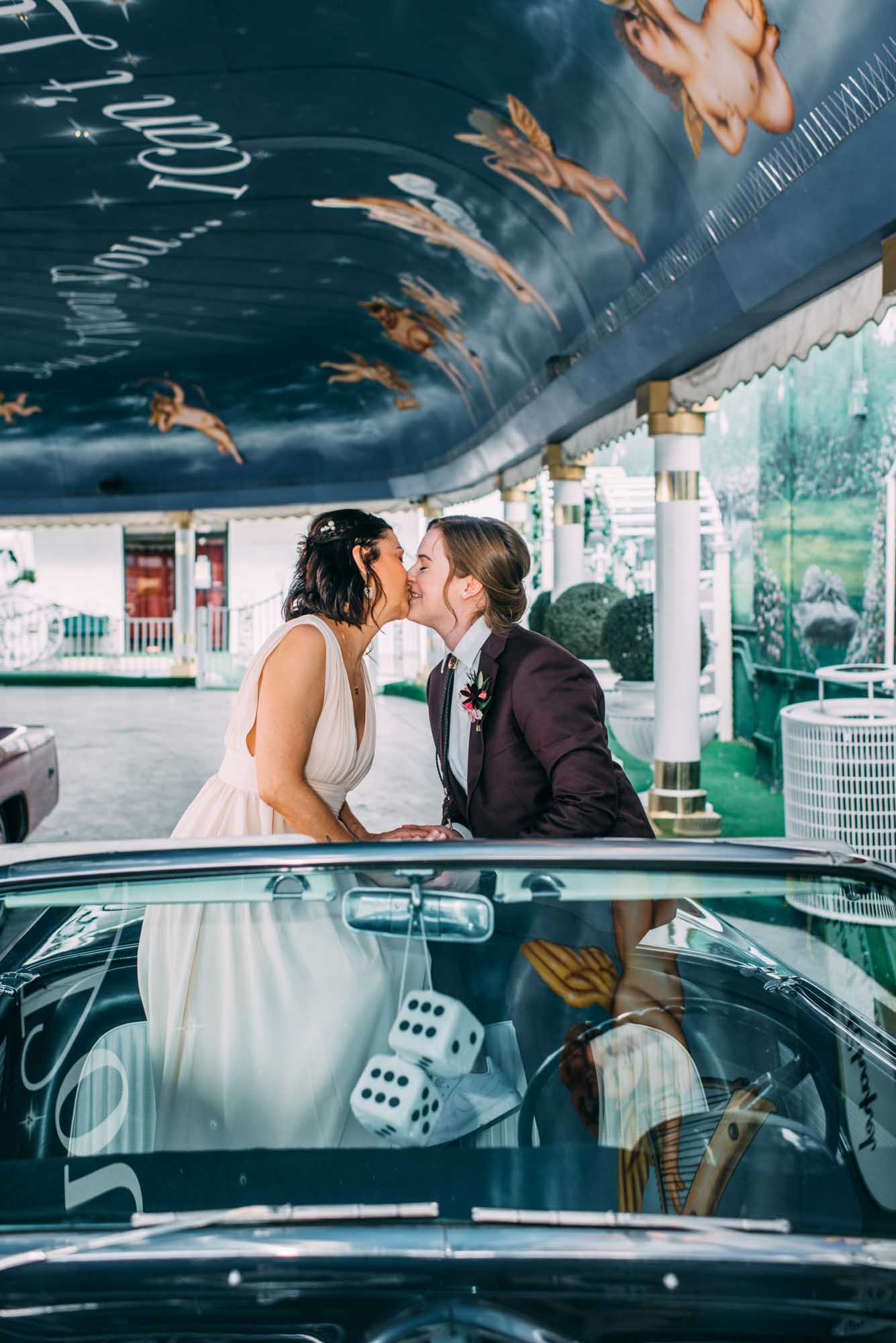 Las Vegas drive-thru elopement in chic vintage car | Ashley Marie Myers | Featured on Equally Wed, the leading LGBTQ+ wedding magazine