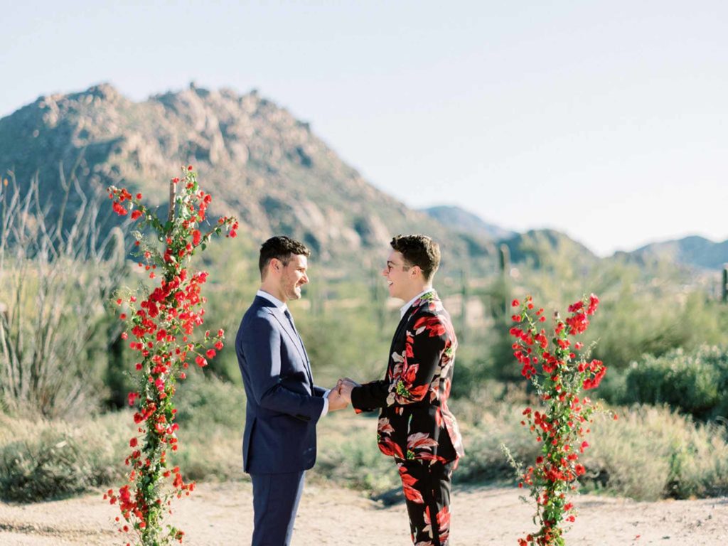 Desert wedding inspiration featuring native Arizona plants and a custom floral suit | Daniel Kim Photography | Featured on Equally Wed, the leading LGBTQ+ wedding magazine