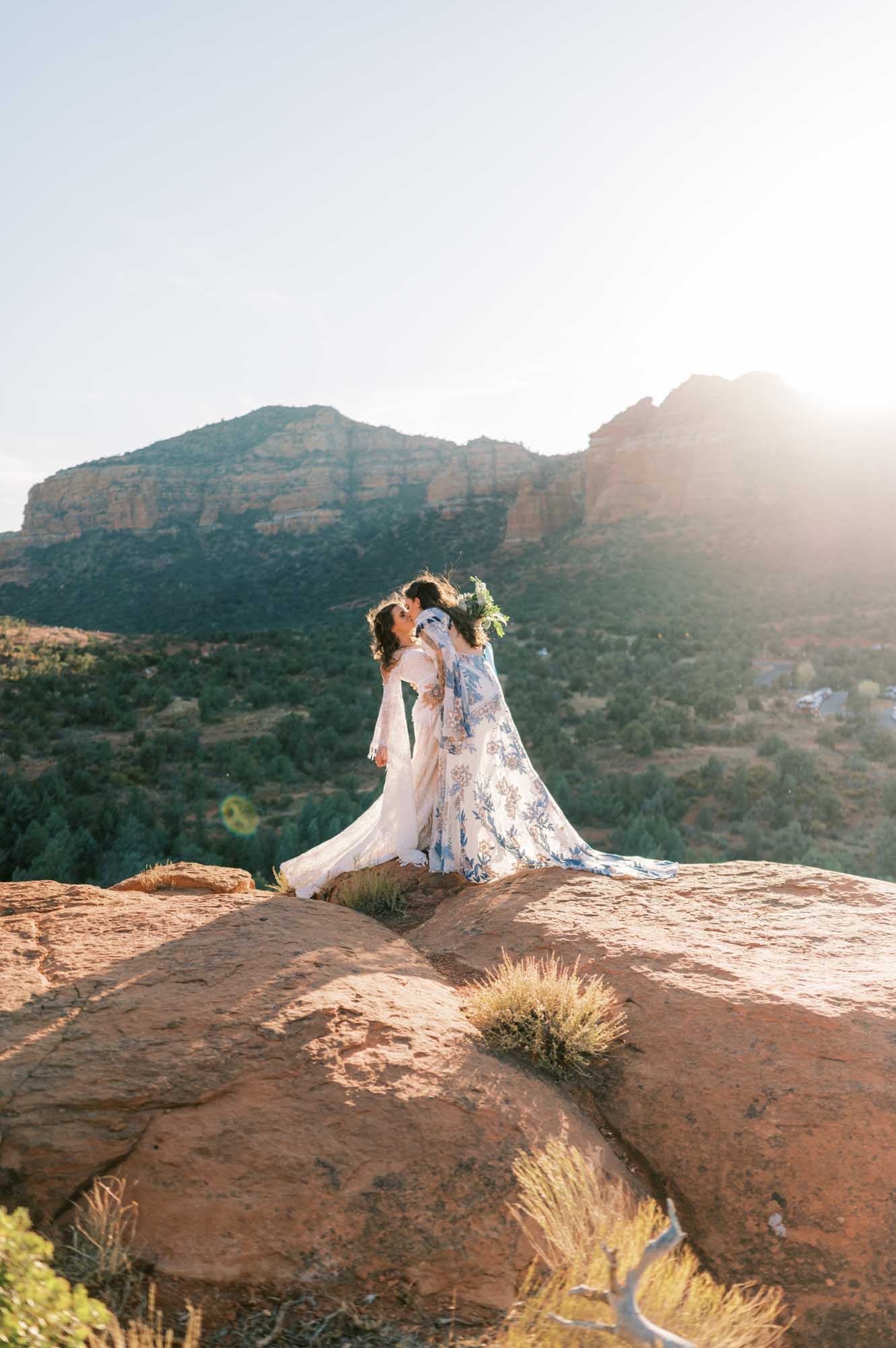 Elopement inspiration in Sedona, Arizona with flowy gowns and jaw-dropping views | Xsperience Photography | Featured on Equally Wed, the leading LGBTQ+ wedding magazine