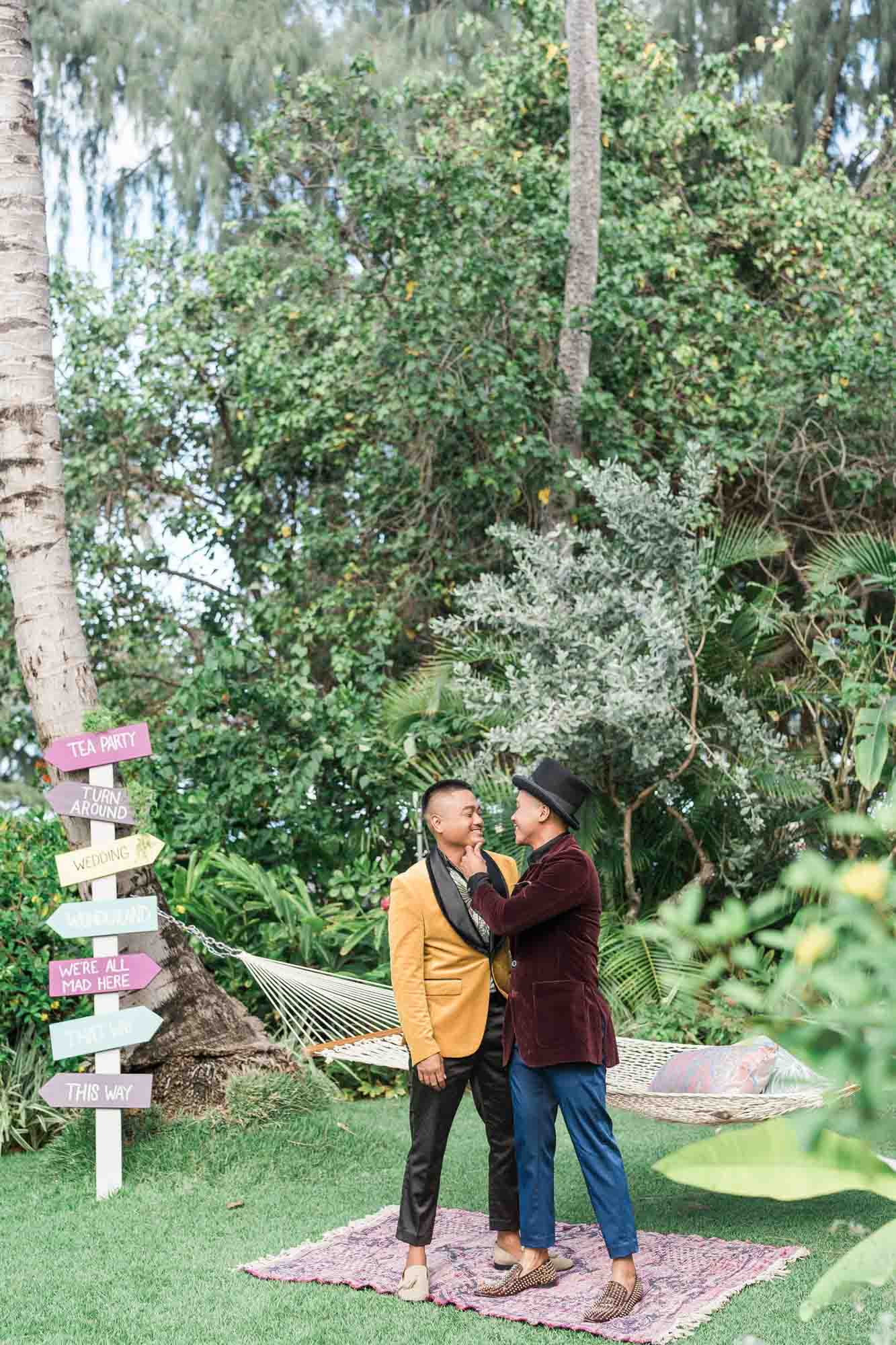 Wonderland-themed wedding inspiration in the gardens of O'ahu | Rae Marshall Photography | Featured on Equally Wed, the leading LGBTQ+ wedding magazine