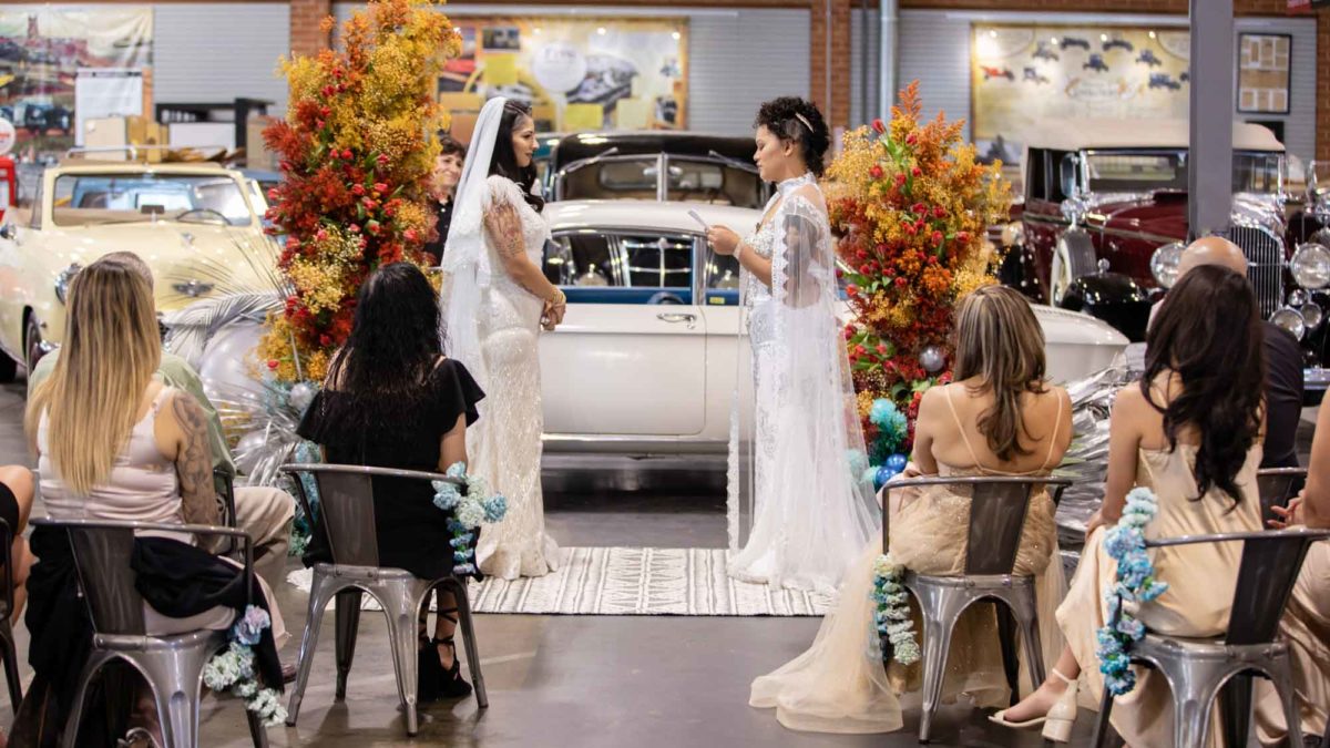 Bright and joyful wedding at a Los Angeles automobile museum