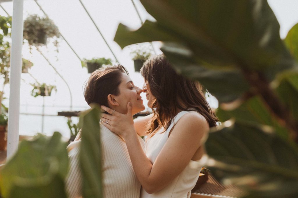 Dreamy greenhouse engagement session in New Jersey | Kathleen Whittemore Photography | Featured on Equally Wed, the leading LGBTQ+ wedding magazine