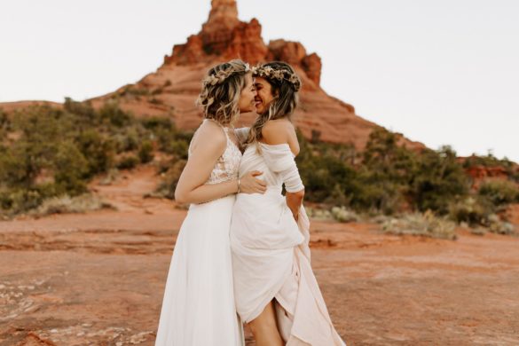 lesbians in love in desert for same-sex wedding