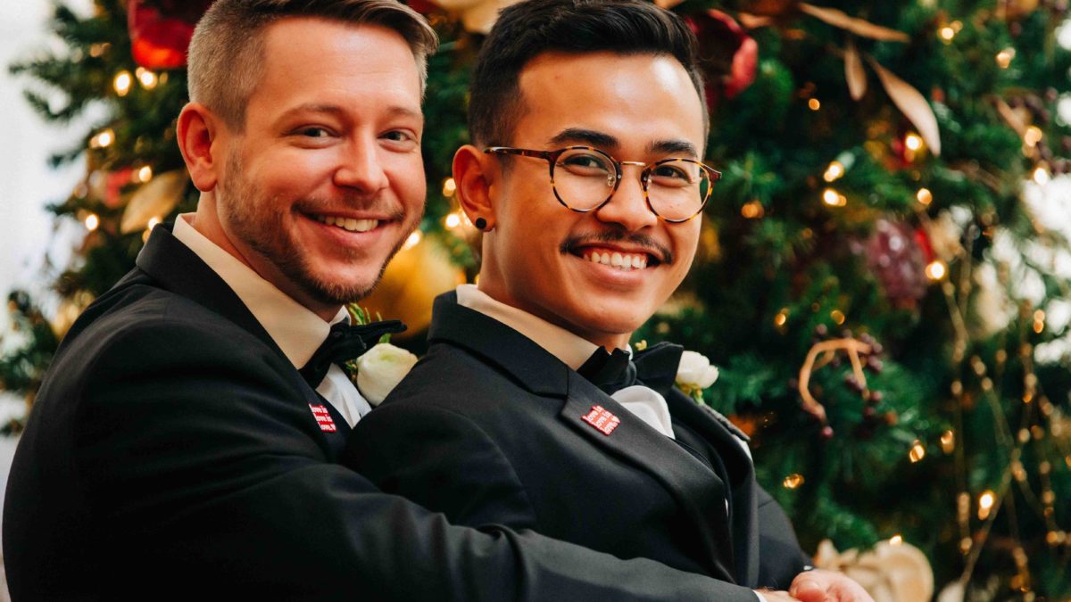Two grooms try Generation Tux for winter wedding inspiration in Atlanta