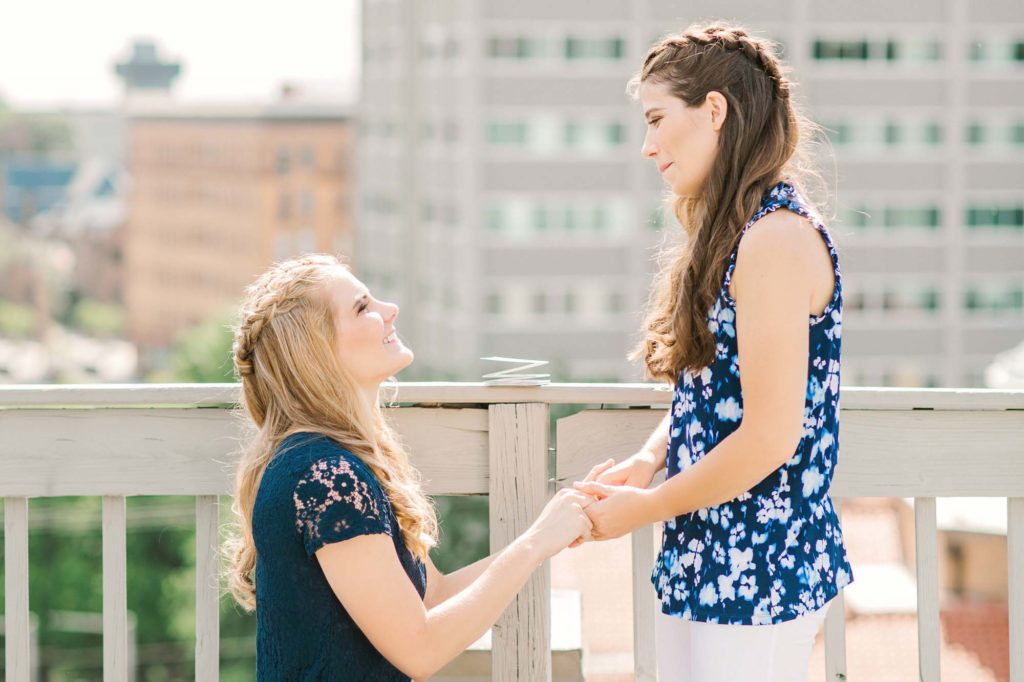 Rooftop and garden engagement session with surprise second proposal | Megan Mullins Photography | Featured on Equally Wed, the leading LGBTQ+ wedding magazine