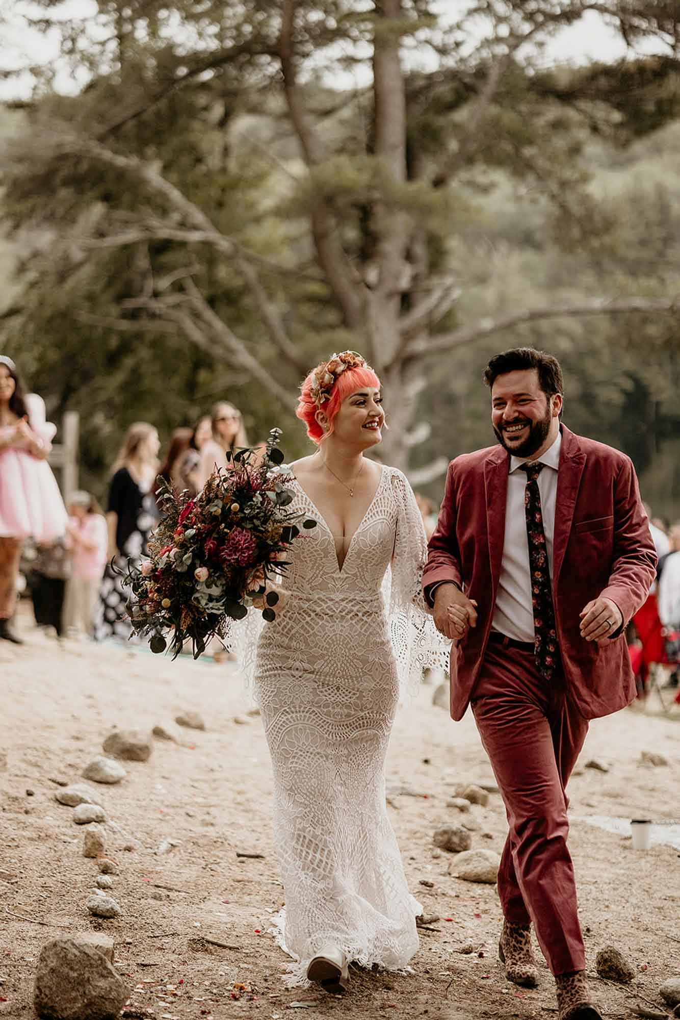 summer camp wedding, smiling couple, bisexual