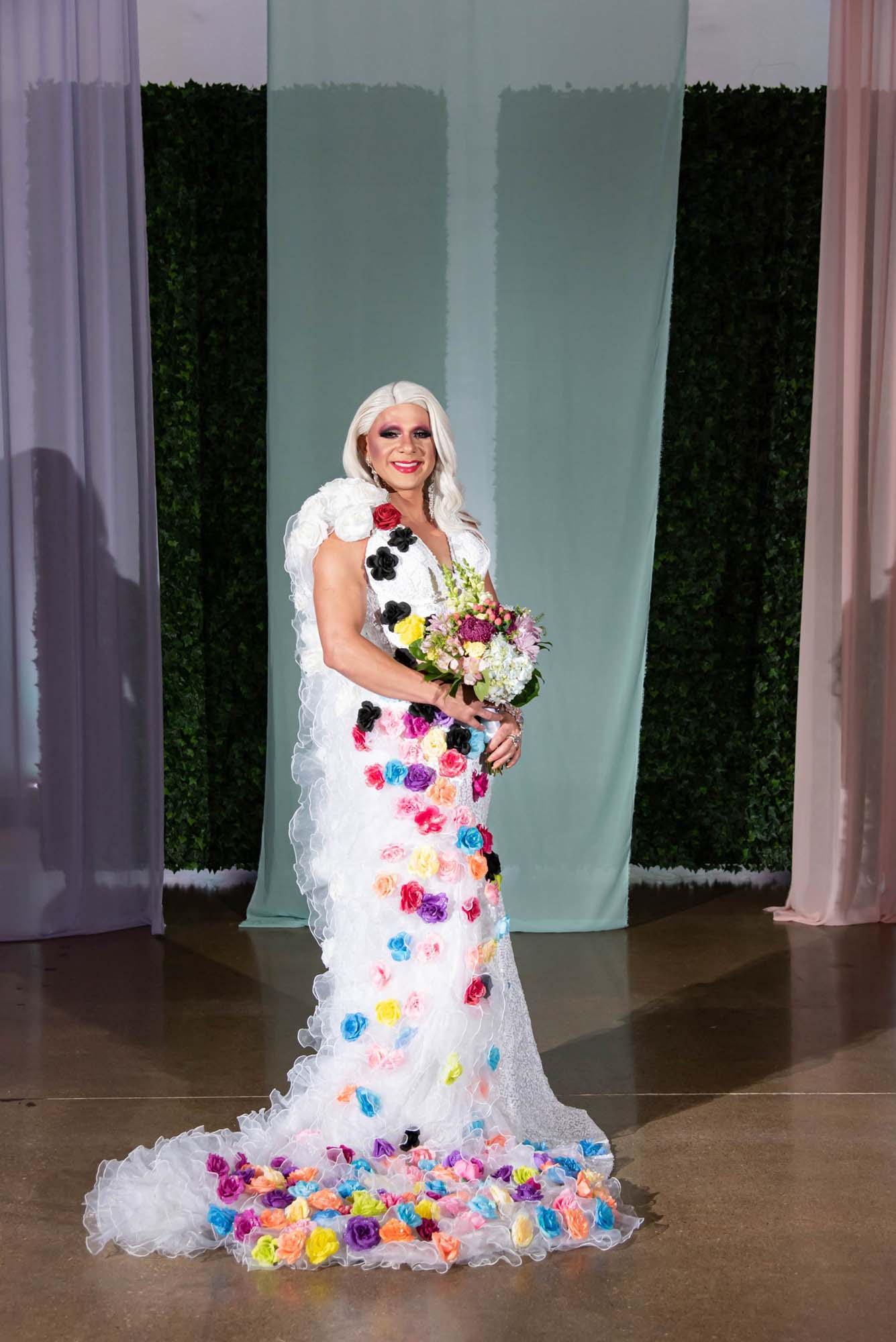 white gown, floral gown, drag queen wedding