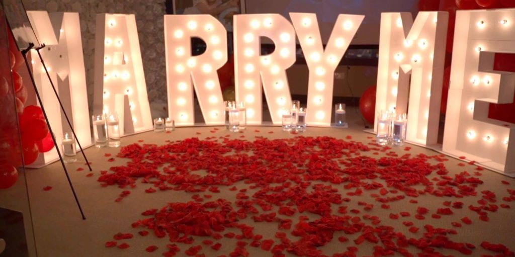 marry me, proposal, rose petals, candles