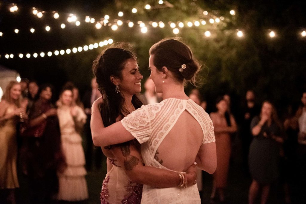 first dance, twinkle lights, outdoor wedding