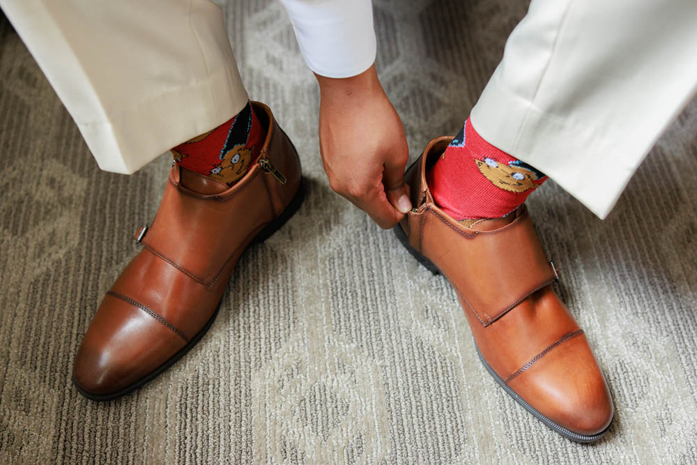 red socks, tan pants, camel brown dress shoes