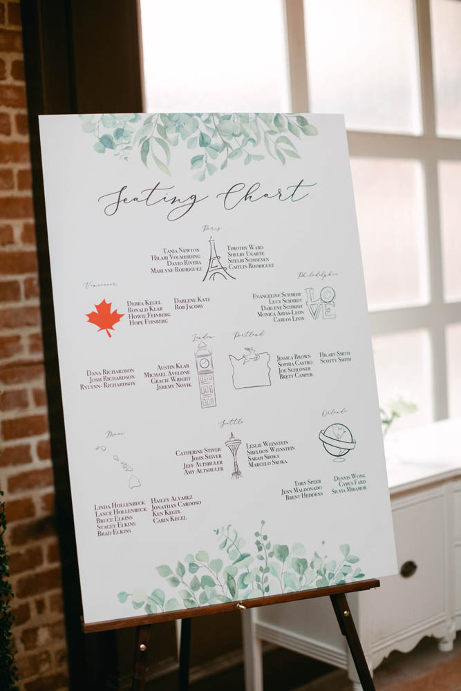 wedding seating chart based on couple's interests, including the planet, a red maple leaf and other travel interests