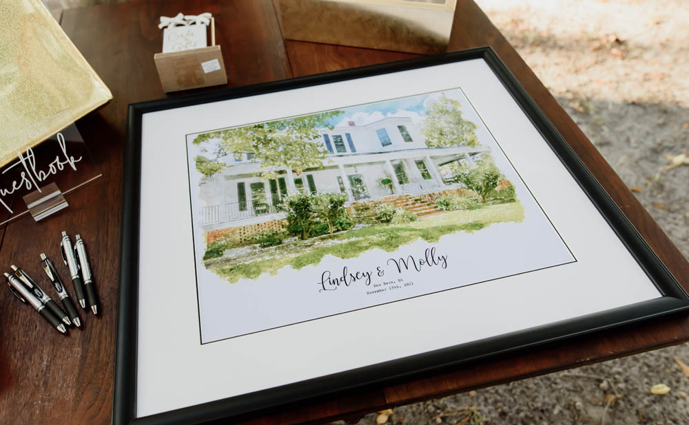 watercolor painting of historic wedding venue as a wedding guestbook