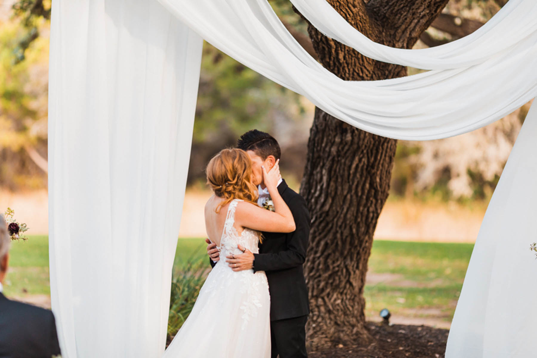 Two people kiss under a tree. One is wearing a white gown, the other a black suit. 