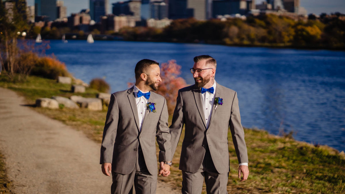 This fall wedding featured royal blue accents and matching suits for the marriers and their dogs
