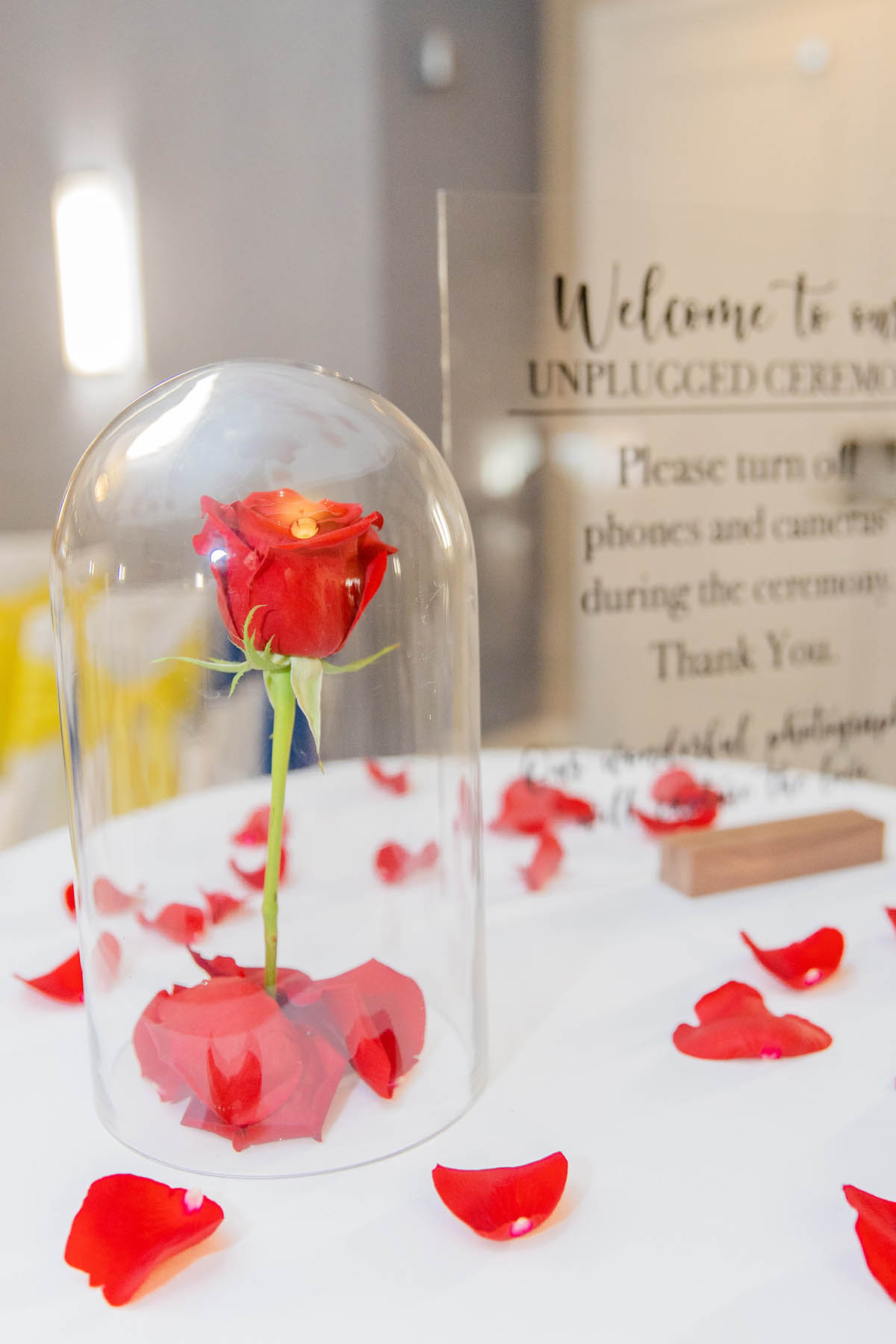 A red rose encased in a glass cover sits on a white table cloth with petals strewn around.
