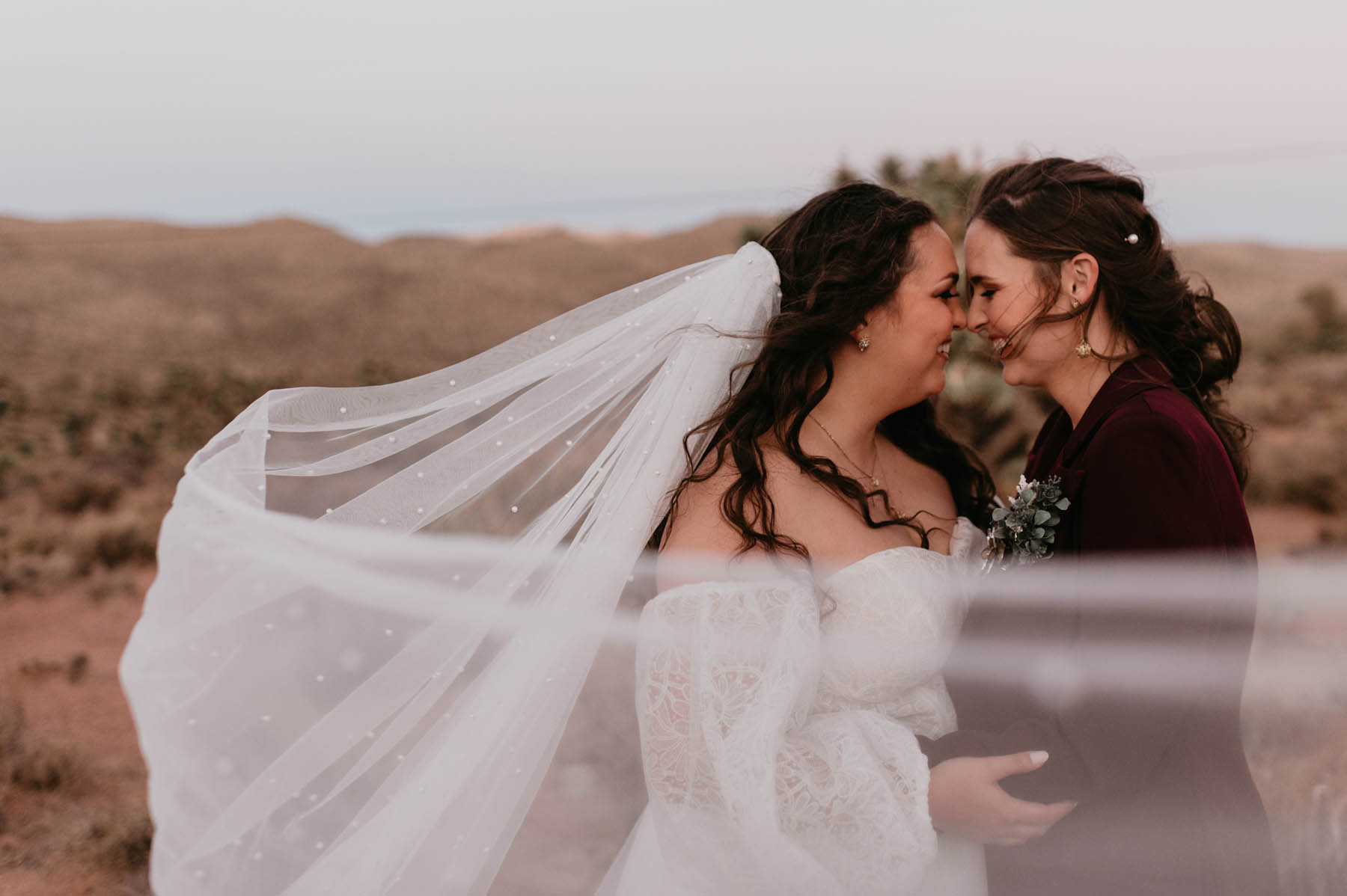 Two people with brown hair stand nose-to-nose in a desert, with a white veil draped in front of them.
