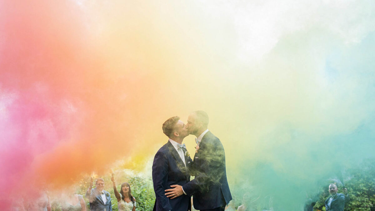 A summer mountain wedding with two dads and their son, a food truck and rainbow smoke bombs in Asheville, North Carolina