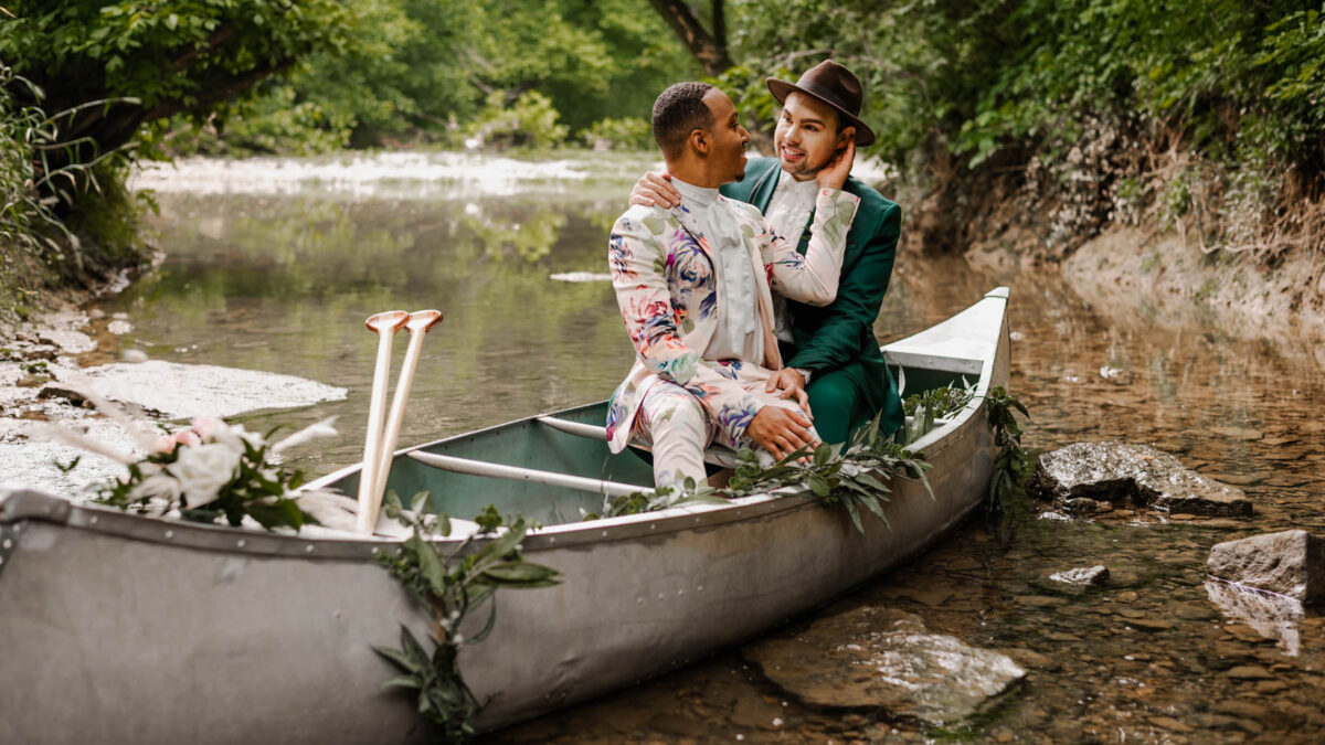 This woodsy waterside elopement styled photoshoot was designed to inspire LGBTQ+ couples to celebrate their love