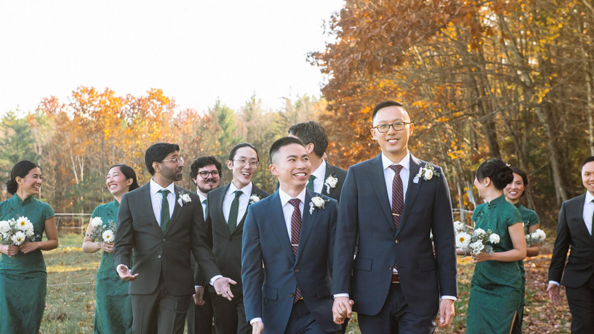 This gay couple had a fall wedding on a farm with a choreographed first dance, Chinese double happiness symbols and a s’mores campfire
