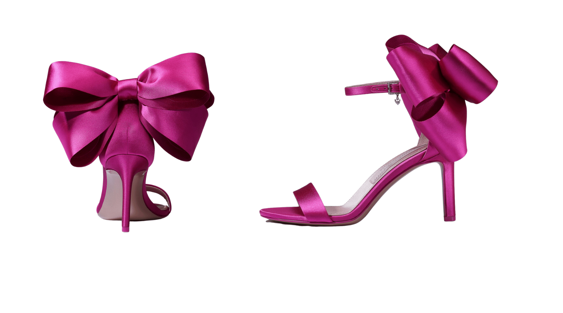 pink dress sandals with high heels with large pink bow on the back