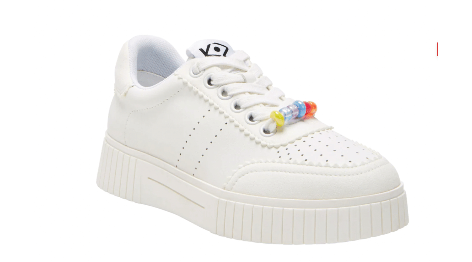 Platform white sneakers with colored beads on base of laces by Katy Perry