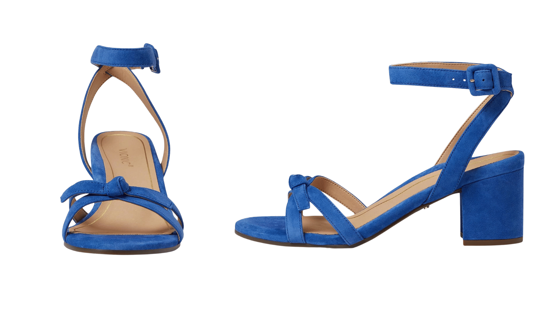 Comfortable blue suede heels with ankle straps by Vionic