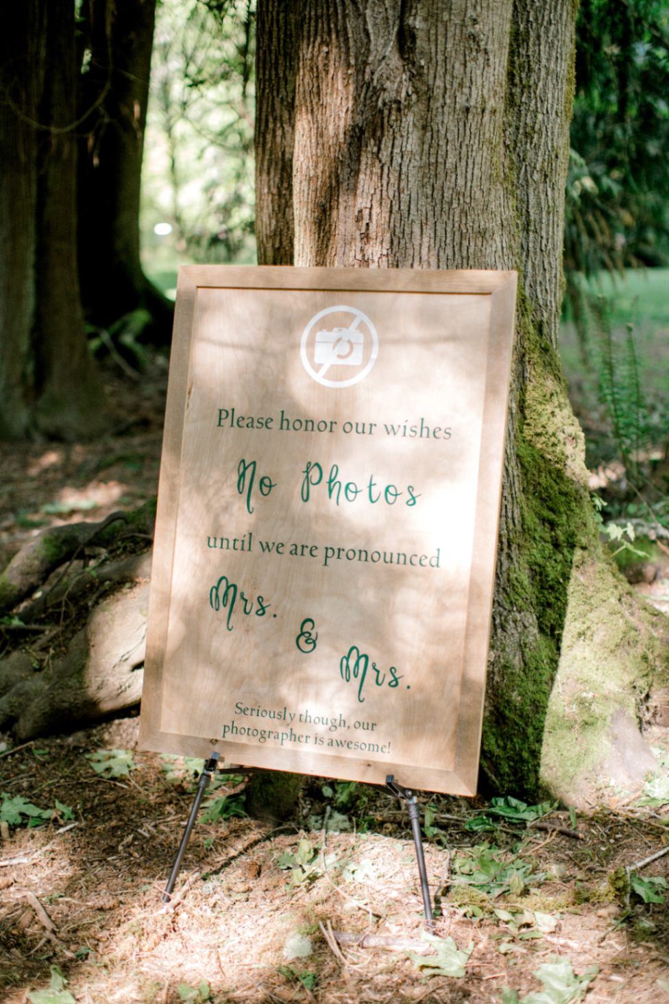 Framed wooden sign for wedding reception that has an icon of a camera with a line through it and the written message: Please honor our wishes No Photos until we are pronounced Mrs. and Mrs. Seriously though, our photographer is awesome!