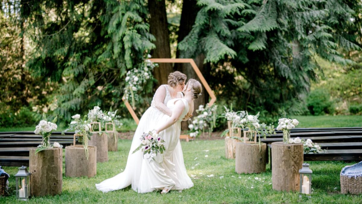 These brides celebrated their love with a magical forest wedding at IslandWood on Bainbridge Island, Washington