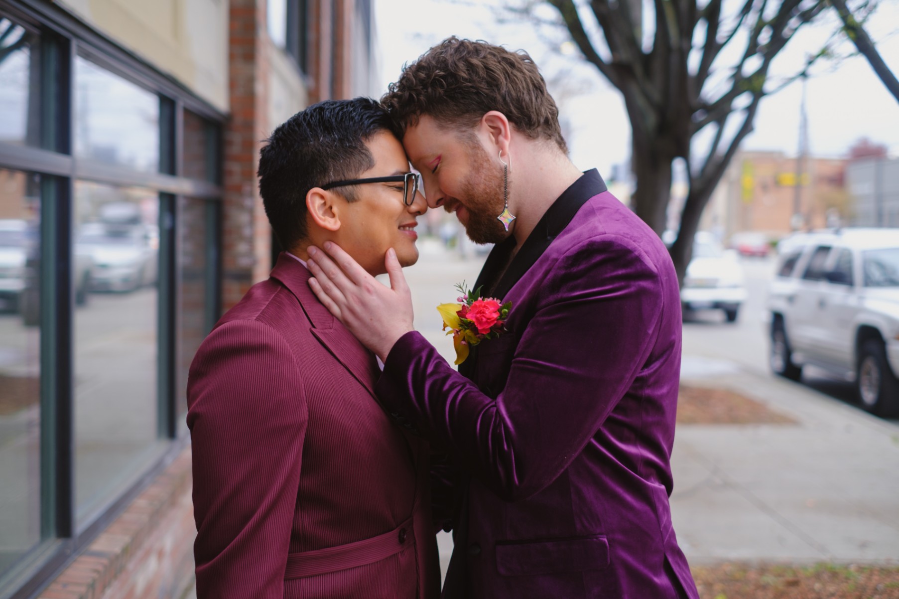 Nonbinary and queer couple embrace at Seattle wedding styled shoot
