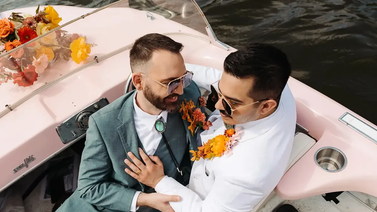 Colorful Wes Anderson gay wedding inspiration in Downtown Austin