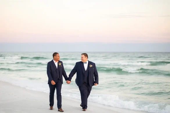 two-grooms-walking-on-beach-sunset-wedding-day-destin-florida