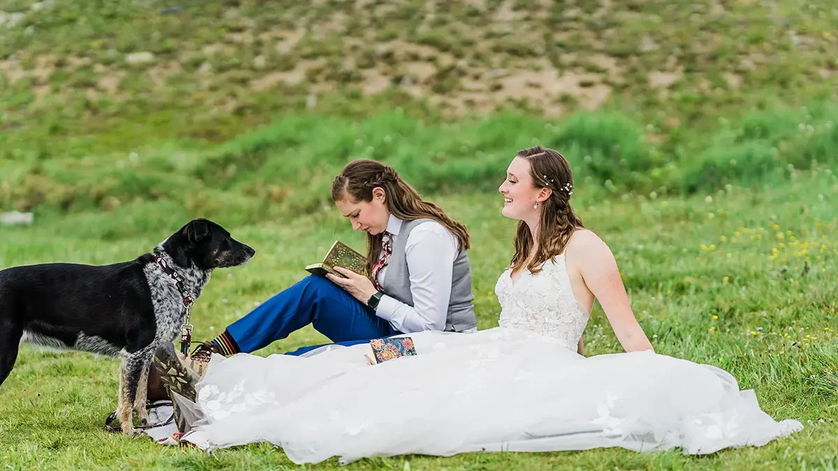 These brides hiked to a lake for their Colorado mountain wedding