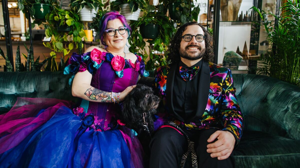 A zebracorn rainbow wedding with Squishmallows and a mirrored chuppah