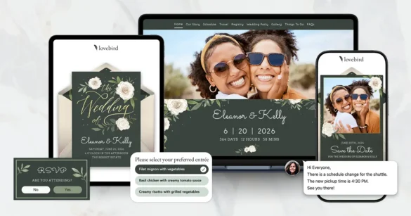 Lovebird wedding website featuring Black lesbian couple with green and ivory design