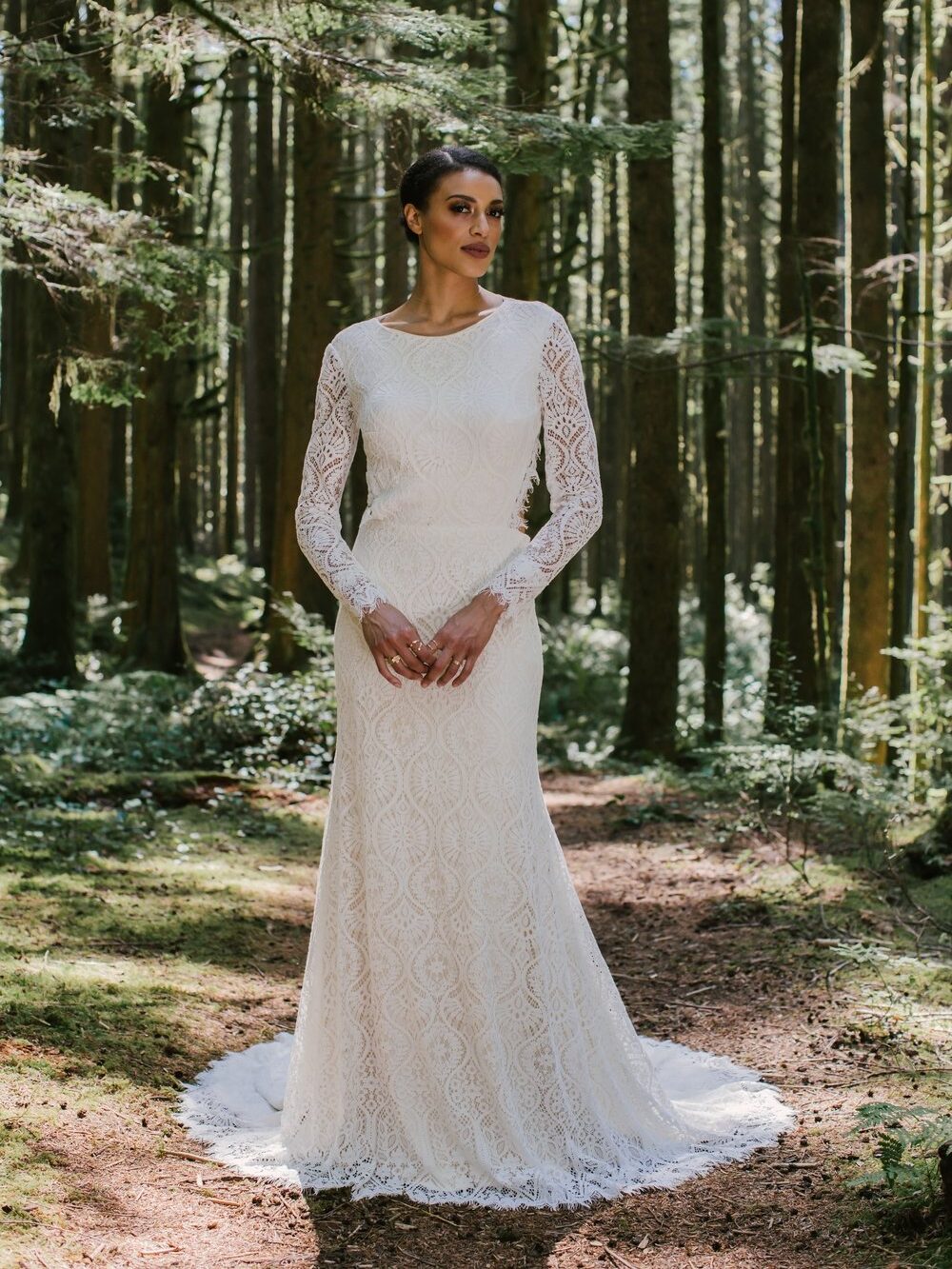 Sustainable wedding gown worn by forest brides