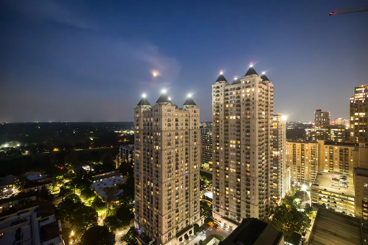 Nighttime Atlanta skyline view from The Starling Hotel wedding venue