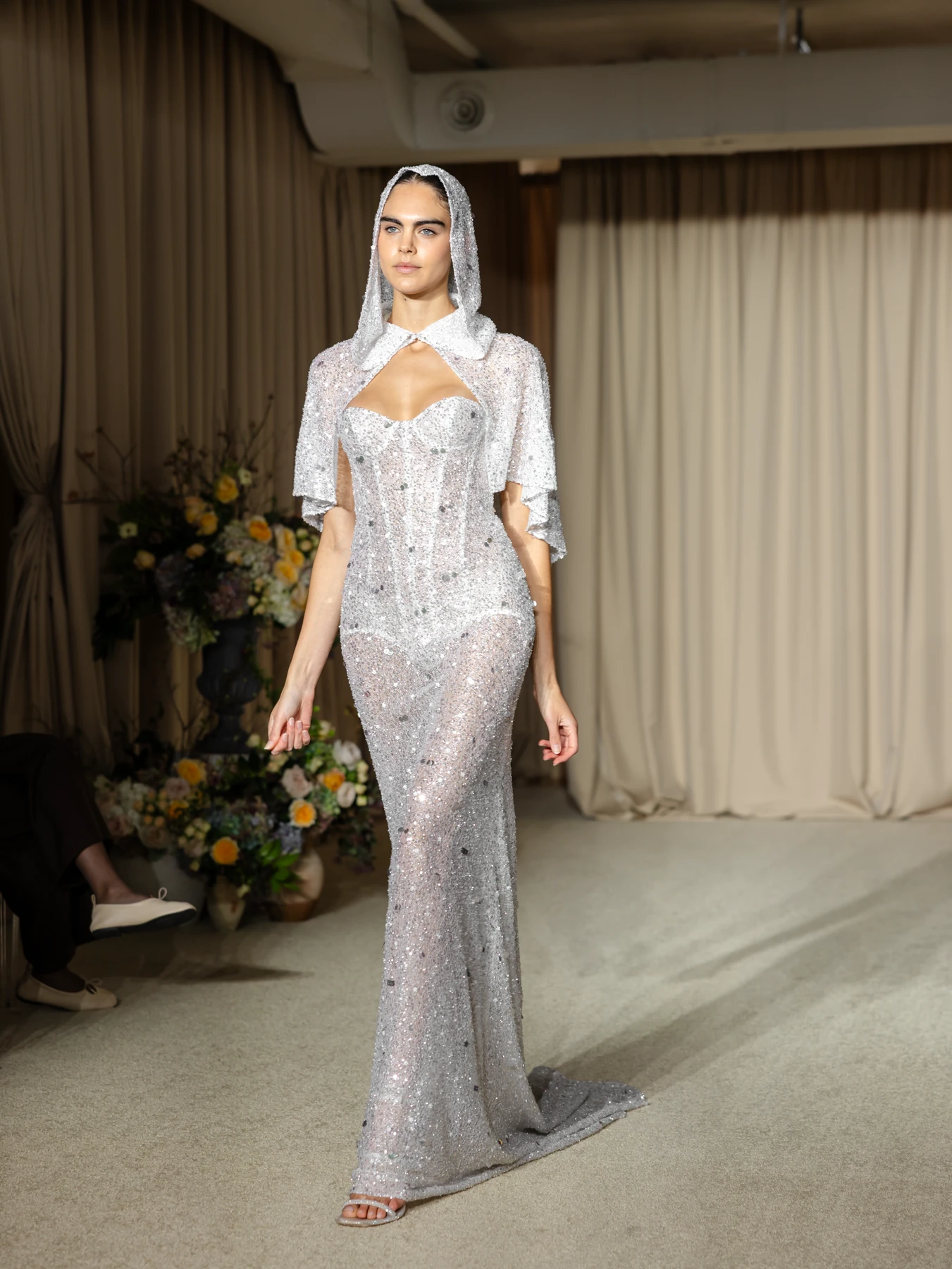 Berta silver wedding gown with capelet and hood